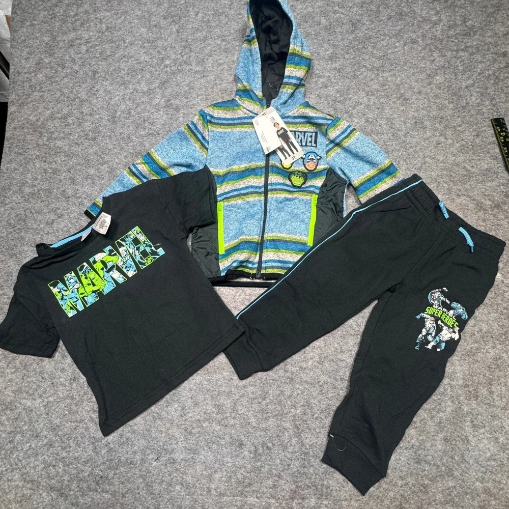 Marvel Avengers 3 Piece Set Hoodie T-Shirt Joggers‎ Boys 3T Blue Green Black New